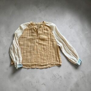Claramonte Washed Linen One Size Tan Ivory Blue White Stripe Cuffs Boho Blouse